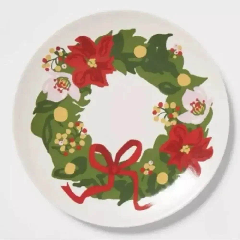Threshold Set of 4 Christmas Stoneware Appetizer Plate Poinsettia Wreath 7.5